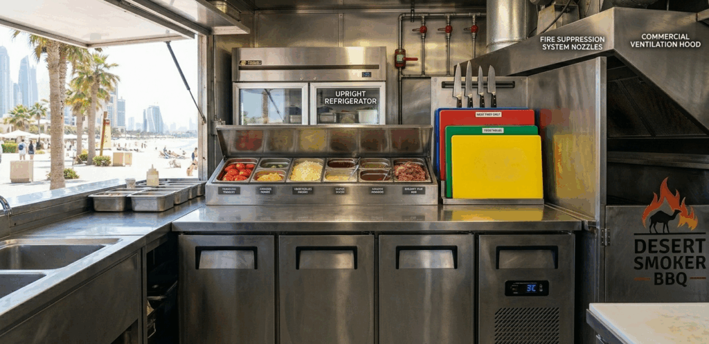 food truck UAE cold storage refrigeration BBQ meat prep area