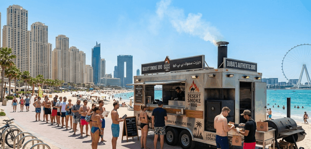 BBQ food truck Dubai JBR beach location customers UAE