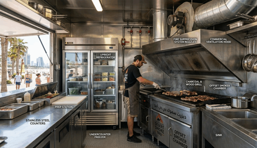 bbq food truck UAE interior kitchen equipment grill smoker setup